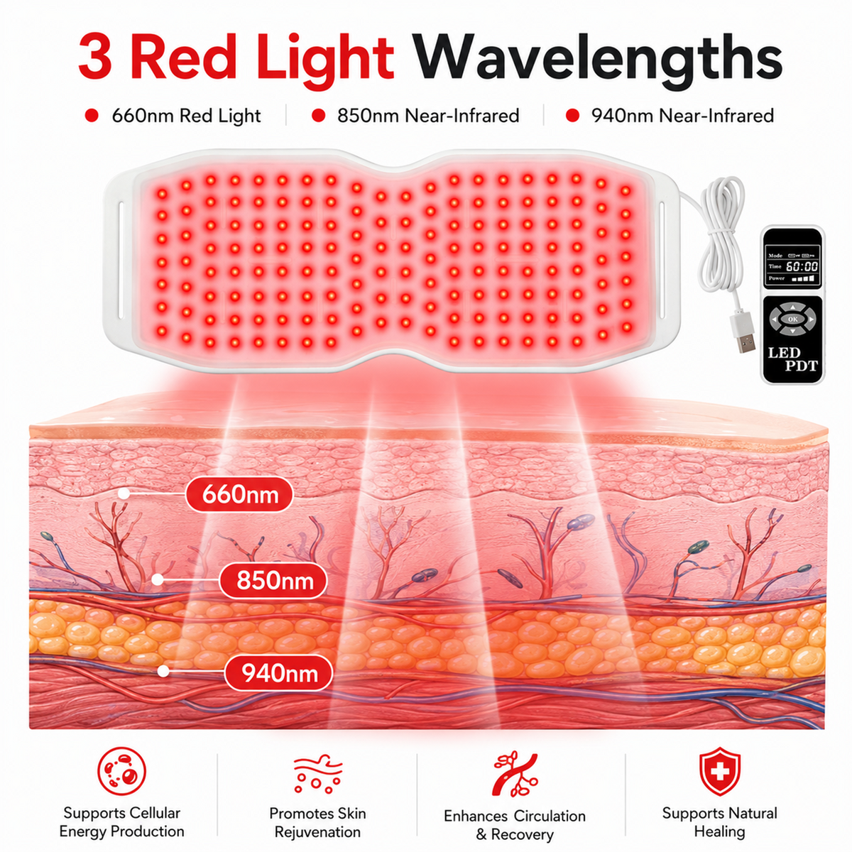650nm 850nm 940nm Red Light Therapy Belt for Back Pain Relief